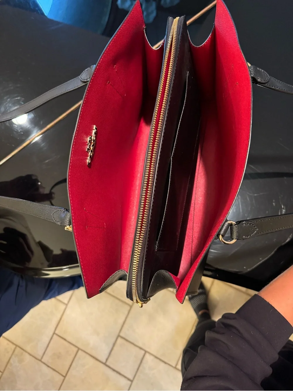 Coach Black Leather Tote with Red Interior Accent